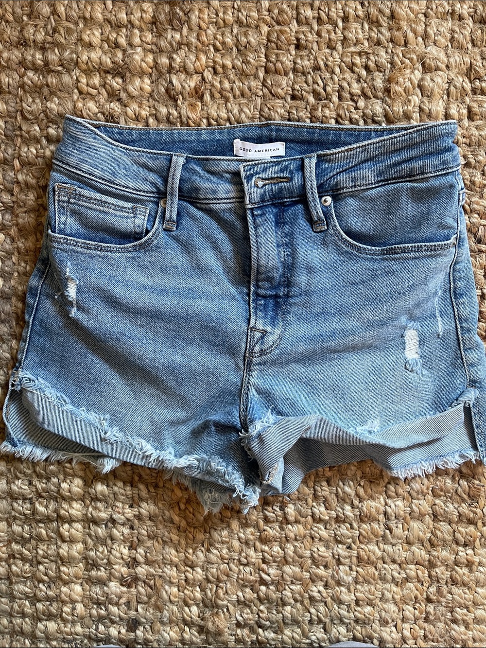 Good American Faded Blue Distressed Denim Cutoff Shorts